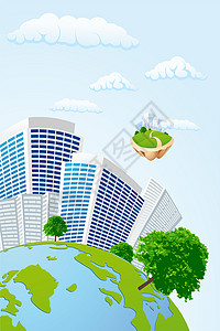 地球漫画商业星球宇宙天空摩天大楼晴天漫画海报办公室地球建筑球体背景