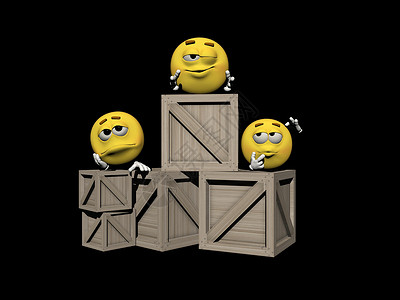 黄色盒子盒子上的若干表情  3d黄色插图黑色棕色情感眼睛圆形白色背景