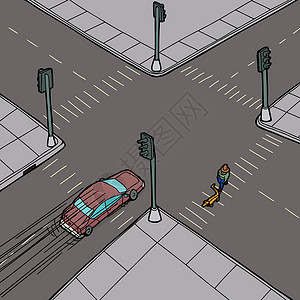 手绘红绿灯车辆和人员在交叉路口背景