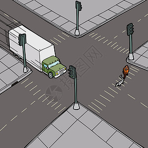 手绘红绿灯驾驶卡车驶进Pedestrian背景