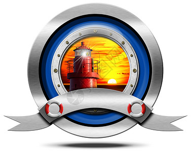 红灯塔金属图标横幅勘探水手导航探照灯救生圈光束地平线警告太阳背景图片