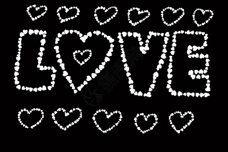 爱遇见字体字词爱 由心脏形状组成 孤立在黑色背景上框架婚礼恋情海报生日箭头书法标题庆典派对背景