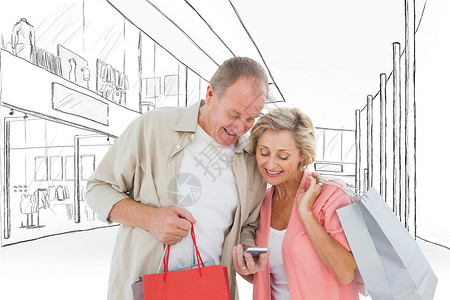 配有购物袋和智能手机的夫妇综合形象建筑门厅草图微笑走廊铅笔夫妻开支零售快乐背景图片