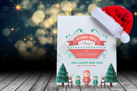 圣诞老人精灵快乐圣诞节消息的复合图象精灵驯鹿木头海报喜庆枞树假期草书地板字体背景