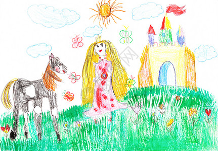 女孩与马水墨画城堡背景下的公主和马背景