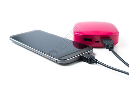 粉色电池智能电话收费触摸屏手机沟通力量活力技术粉色充电宝电缆电源线背景