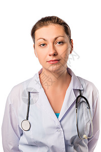 一位30年的白人白背景女医生肖像背景图片