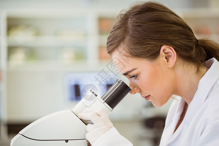 利用显微镜工作的年轻科学家女性实验室研究员实验专家审查医学药品保健化学家集中高清图片素材