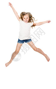 跳跃的小女孩小女孩跳跃享受快乐喜悦女儿童年女孩白色乐趣女性飞跃背景