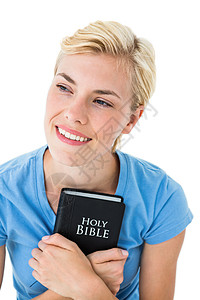 圣让浸信会带着圣经的美丽笑笑金发女人背景