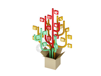 这棵树由社交媒体主题的图标组成 O包装笔记本团体社区方案插图电话电子商务互联网电子邮件背景图片