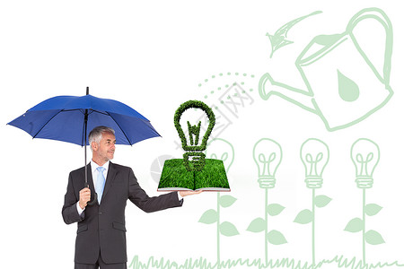 花伞手绘雨伞持有雨伞和草地书的人的复合形象背景