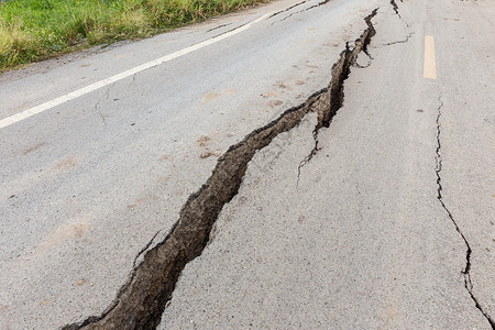 地震裂痕破碎的沥青路地震损害休息环境腐败运输街道安全交通侵蚀背景