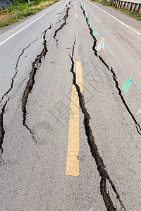 地震裂痕破碎的沥青路小伙子侵蚀裂缝水泥警告环境地震损害路面失败背景