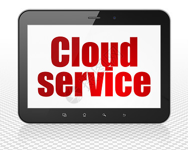 云服务背景Cloud 网络化概念 显示有云服务的平板电脑背景