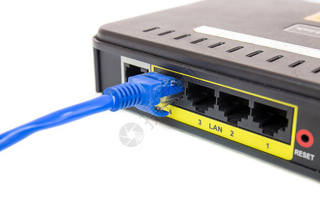 在ADSL路由器网络开关前特写 LAN UTP RJ45 Cat5e宽带电讯服务橙子安全数据电缆技术电脑房间背景图片