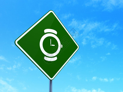 时间设置标志时间表概念 手表路记路标标志背景天空蓝色日程招牌展示街道工作倒数导航木板背景