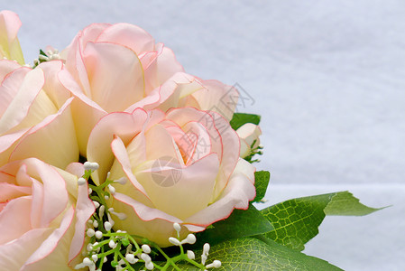 白布背景上的粉粉人工花粉色白色树叶植物玫瑰绿色纹理花瓶花瓣花束背景图片