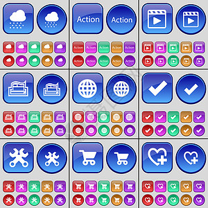 云 动作 媒体播放器 打印机 地球仪 刻度线 扳手 购物车 心脏 一大套多色按钮背景图片