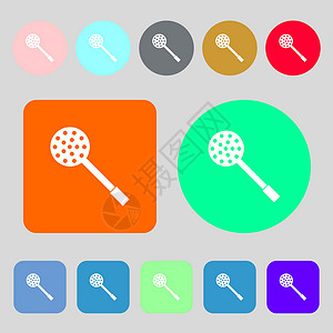 厨房电器图标符号 12个彩色按钮 平板设计工具器具食物烹饪餐厅餐具刀具厨具插图配饰背景