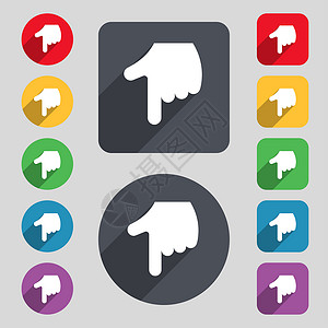 长按指纹指向手印图标符号 一组由12个彩色按钮和长阴影组成 设计平坦手指网络屏幕指纹电脑指针技术艺术商业互联网背景