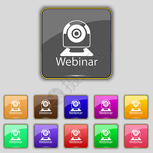 互联网教育用图Webinar 网络相机标志图标 在线网络研究符号 网上电子学习导航 一组彩色按钮凸轮创造力课程互联网教育邮票标签海豹研讨会质量背景