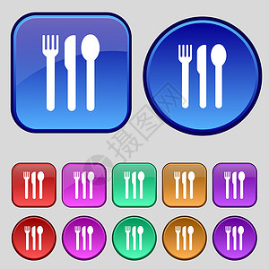 叉子图标叉子 刀子 勺子图标符号 一套12个旧扣子用于设计背景