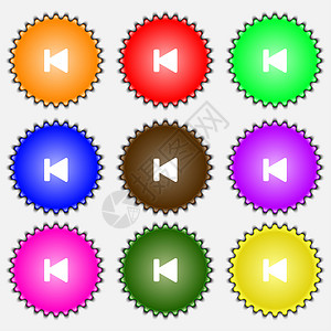 快速向后图标符号 一组九种不同颜色的标签插图按钮音乐网络视频倒带玩家背景图片