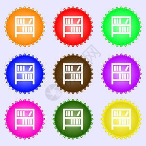 书架图标书店图标符号 一套九种不同颜色的标签背景