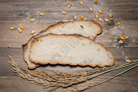 Gluten 免费面包底座水稻植物成分玉米麸质标志木质标识背景图片