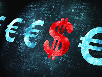 数字货币支付银行业务概念 数字背景的美元和欧元信用联盟电脑展示技术投资货币财富贷款金融背景