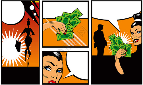 男男性女性和金钱的漫画书风格名画家说话收藏超级英雄商业空气碰撞乐趣演讲犯罪尺寸背景图片