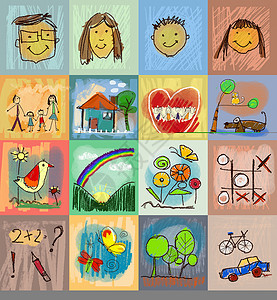 蜡笔风格太阳儿童绘画风格 设置与人类的符号背景