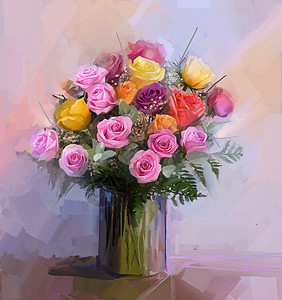 玫瑰油画静物一束鲜花 油画红黄玫瑰花束生活花瓶绘画热情花园艺术品卡片草图香水背景