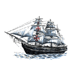 Colububus 舰船绘画涂鸦假期船运航程海洋旅行导航白色墨水背景图片