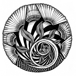 黑色圆形花纹的曼达拉对称衬垫装饰品沉思框架绘画黑色禅绕白色花纹背景