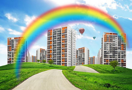 彩虹气球素材城市在田地上随路而行绿色空气气球光束天空建筑太阳彩虹阳光背景