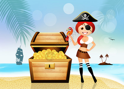 海盗女孩和藏宝箱背景图片