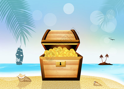 藏宝箱硬币海盗海洋海滩海盗船颅骨贪婪百宝箱热带插图背景图片