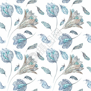 水彩风羽毛波西米亚风格水彩图案插图织物荒野羽毛草图创造力绘画精神纺织品白色背景