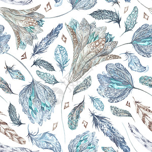 水彩风羽毛波西米亚风格水彩图案草图孔雀打印白色艺术创造力绘画织物水晶墙纸背景