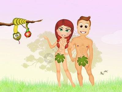 亚当和夏娃在伊甸园起源天堂历史水果夫妻圣经原罪诱惑插图宗教背景