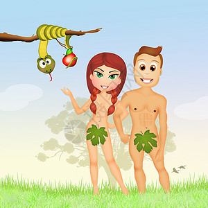 亚当和夏娃在伊甸园历史宗教插图天堂诱惑男人原罪起源地球圣经背景