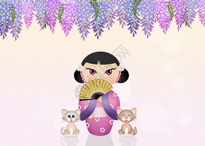 Kokeshi娃娃和猫咪艺术动物纪念品艺妓快乐玩具女士扇子文化插图背景图片