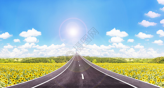 通向成功道路通向高浮云的漫长道路 阳光明媚的蓝天与阳光背景