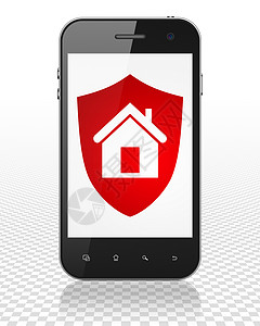金融安全图标财务概念智能手机与盾牌上显示展示公司黑色红色伙伴战略电话保护金融安全背景