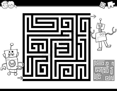 填色游戏迷宫或迷宫彩色页面孩子们教育染色黑与白机器人学习绘画幼儿园卡通片填色本背景