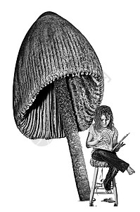 蘑菇下的女孩小女孩在蘑菇下阅读背景