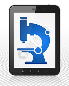抗震小知识图标科学概念 Tablet Pc 计算机与显示器上的显微镜背景