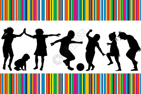 彩色剪影带有儿童玩耍和彩色条纹轮廓的卡片背景